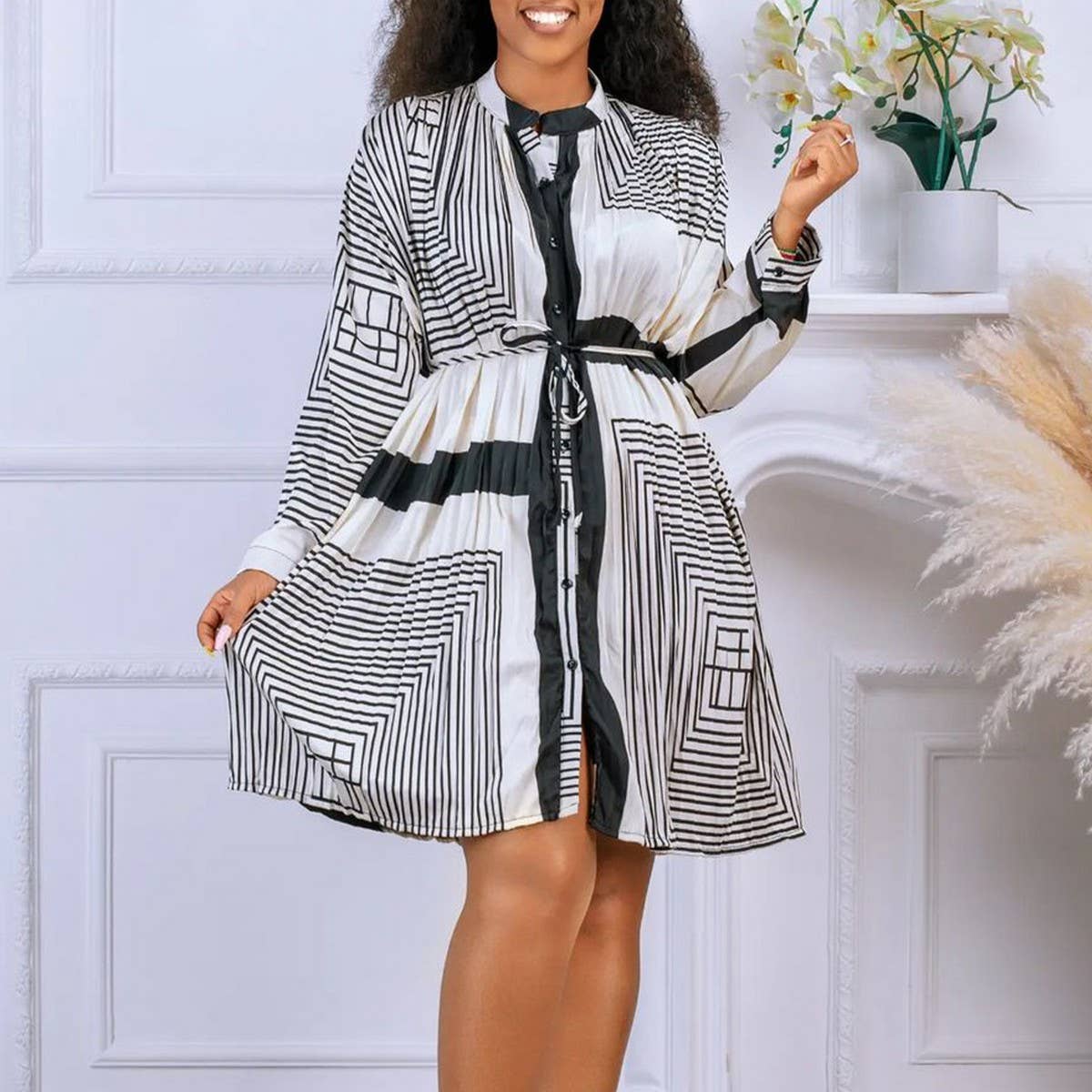 PRINTED PLEATED FASHION TIE CASUAL PLUS SIZE DRESS_CWDSD6160