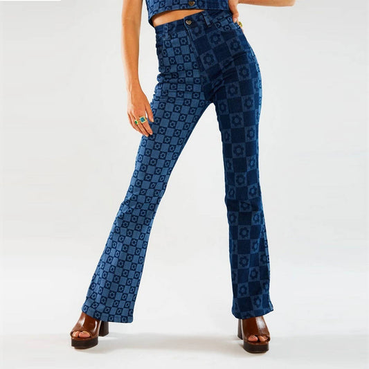 DARK PRINTED HIGH WAISTED WIDE LEG FLARED JEANS
