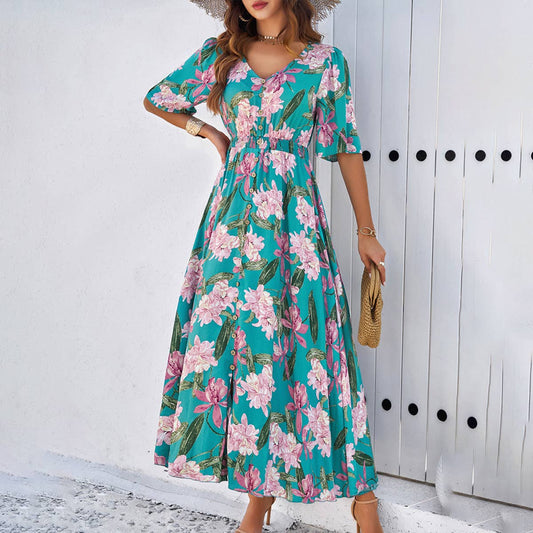 HOLIDAY STYLE CASUAL PRINT SLIT V-NECK DRESS