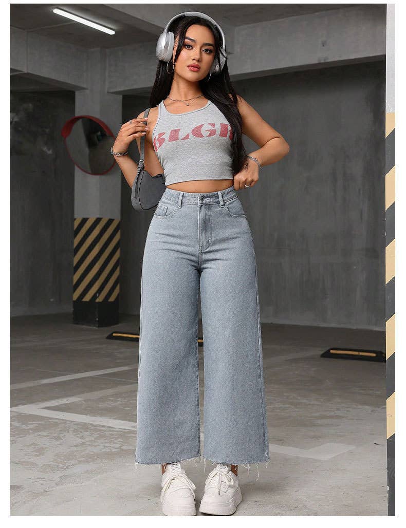 High-waisted straight-leg wide-leg fringed jeans