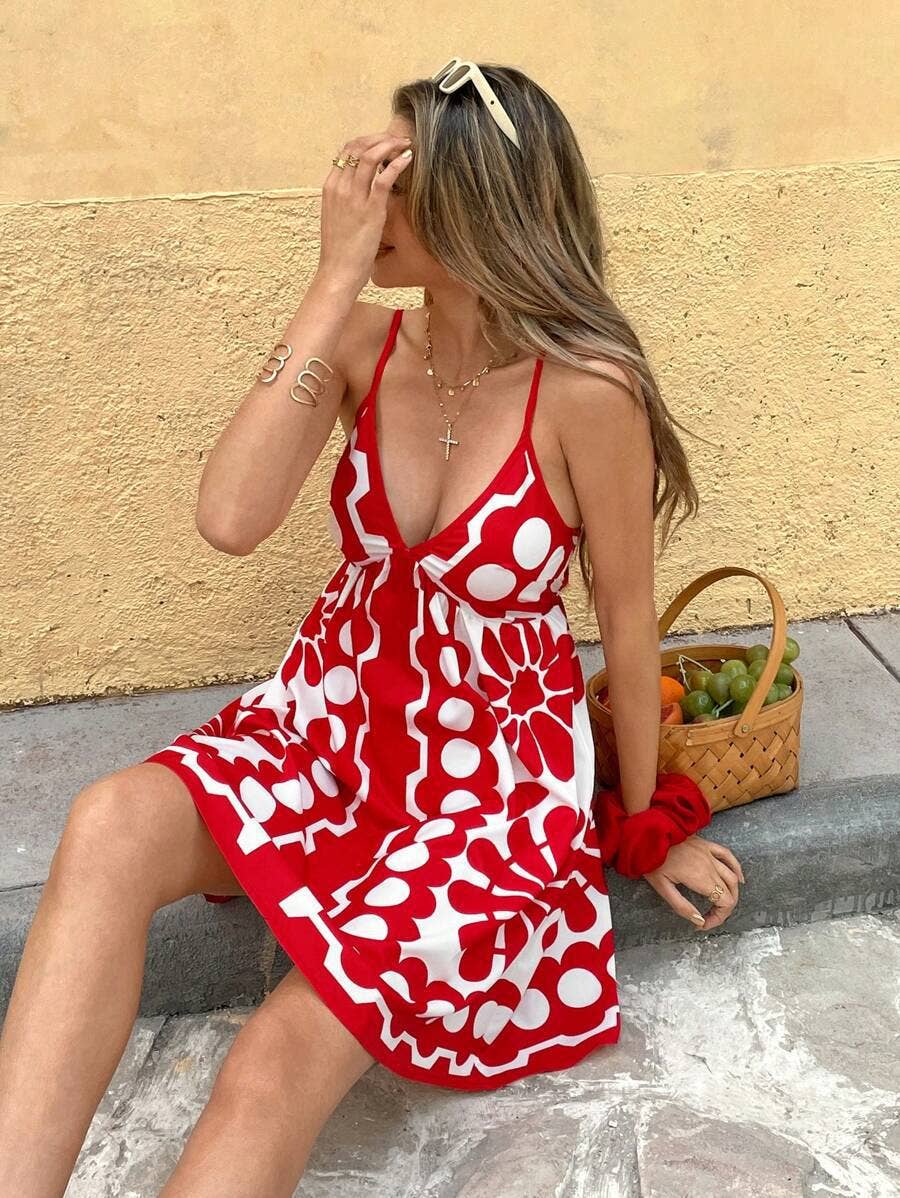 V-neck high-waisted printed halter dress