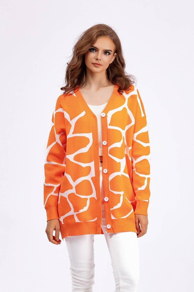 CWOCAL00664_JACQUARD KNIT V NECK LONGLINE CARDIGAN