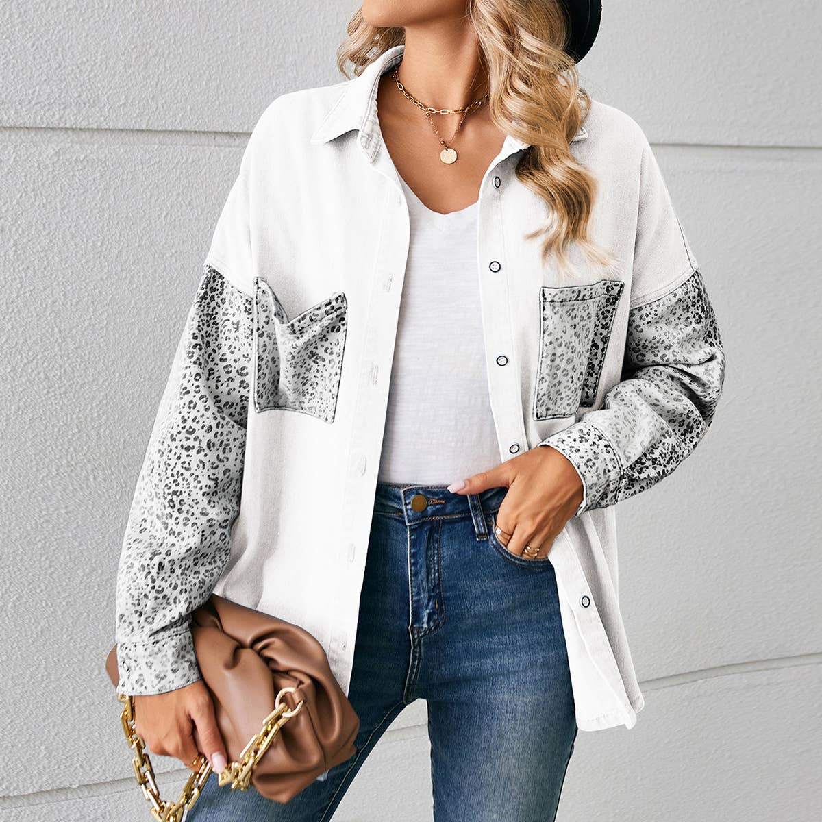 LEOPARD LONG SLEEVE PATCHWORK DENIM SHIRT CARDIGAN_CWJT0020