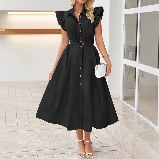 Pleating waist feifei sleeve pure color dress