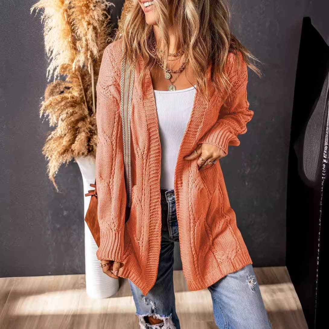 SOLID COLOR UNBUTTONED MID-LENGTH CARDIGAN