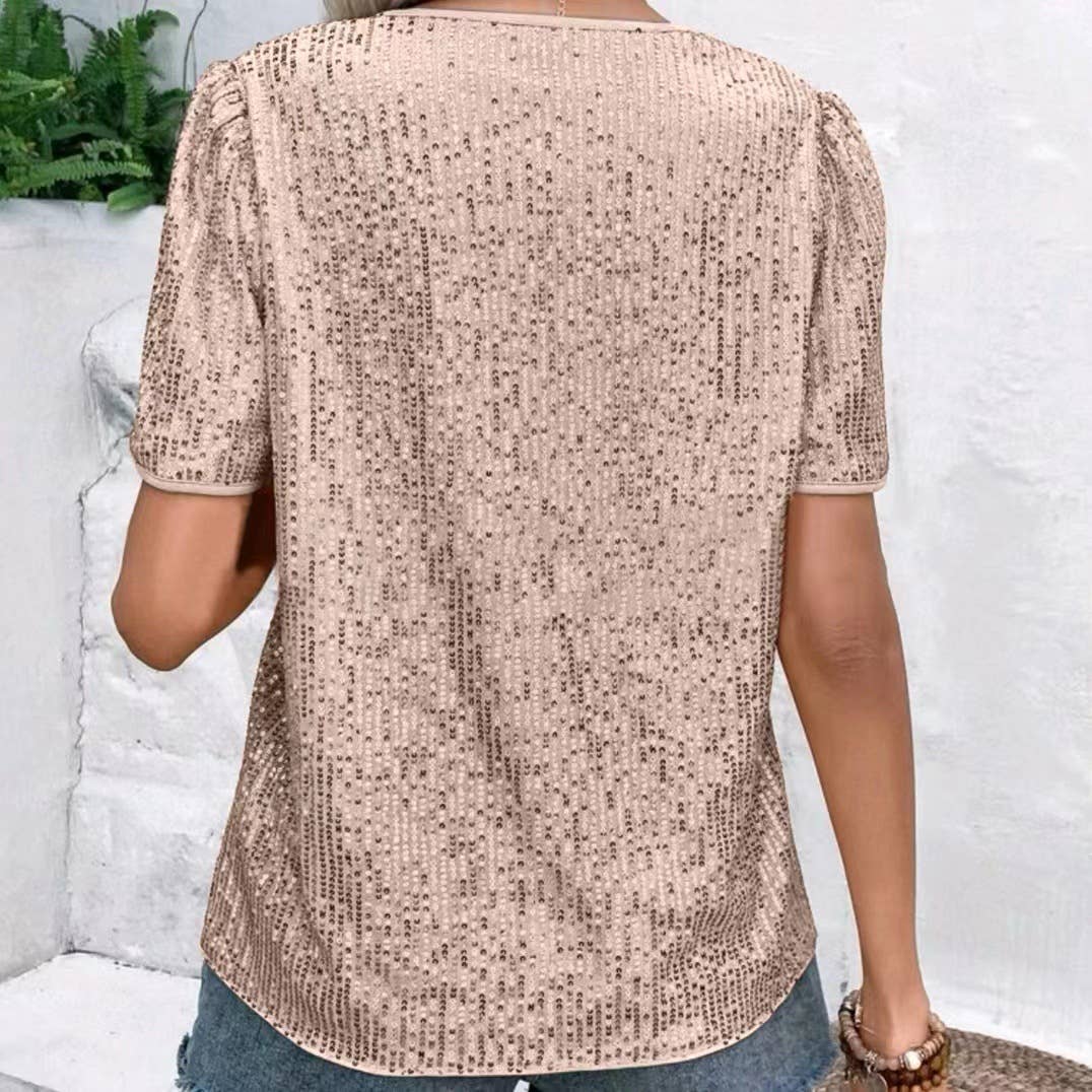 V-neck solid sequined short-sleeved blouse
