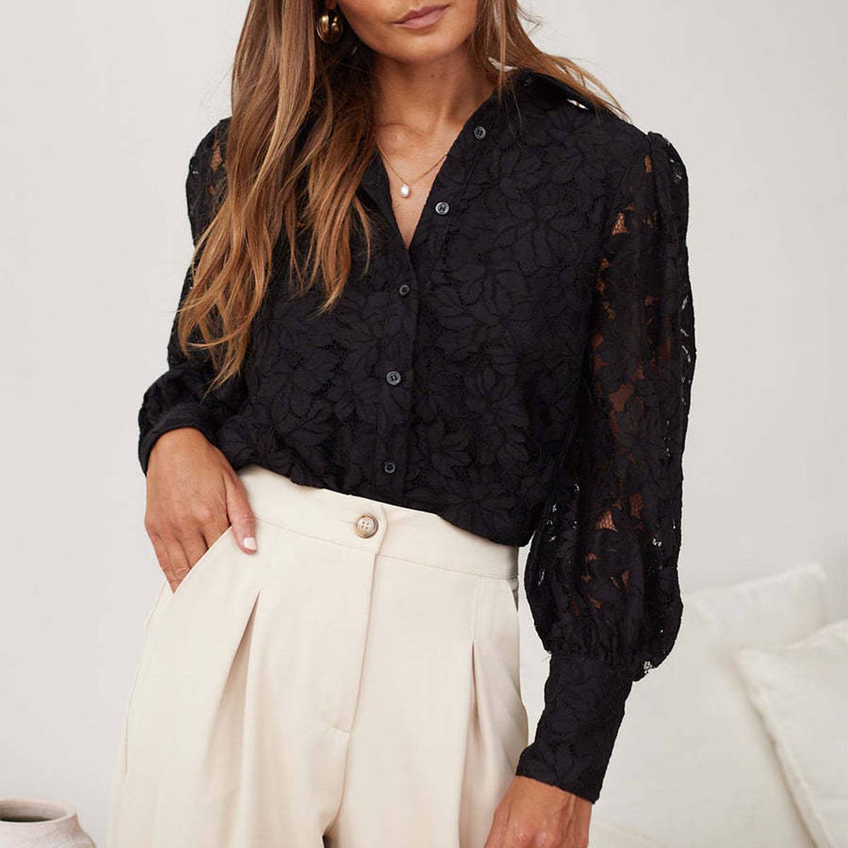 LAPEL SOLID COLOR LONG-SLEEVED CUT-OUT LACE SHIRT