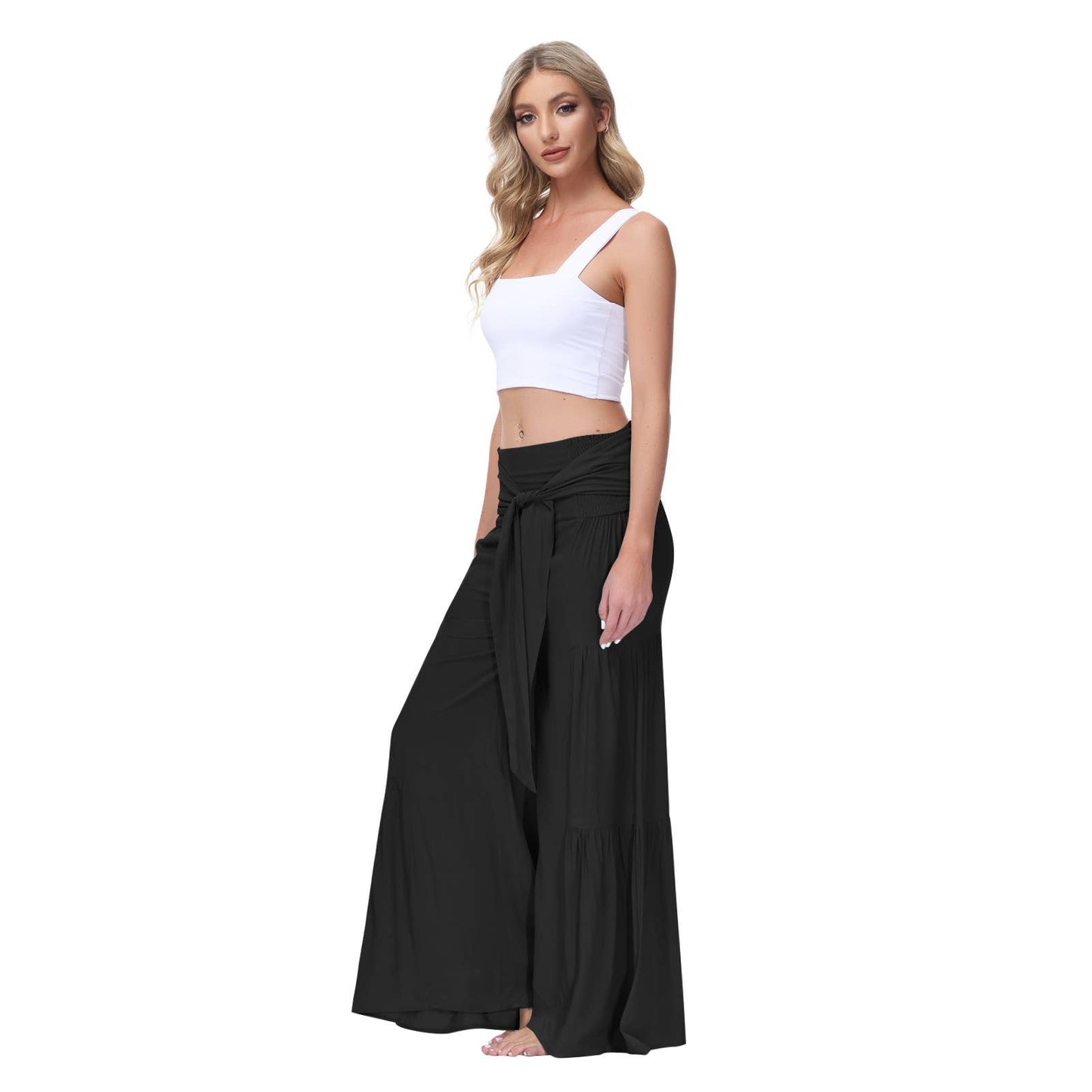 Loose tight straps pleated waists Wide-leg pants