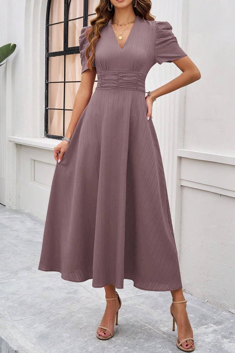 CWDMD5340_V-NECK ELEGANT SOLID COLOR HIGH WAIST DRESS
