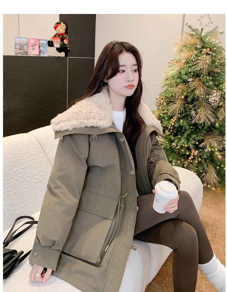 Large lapel horn buckle waist cottons jacket