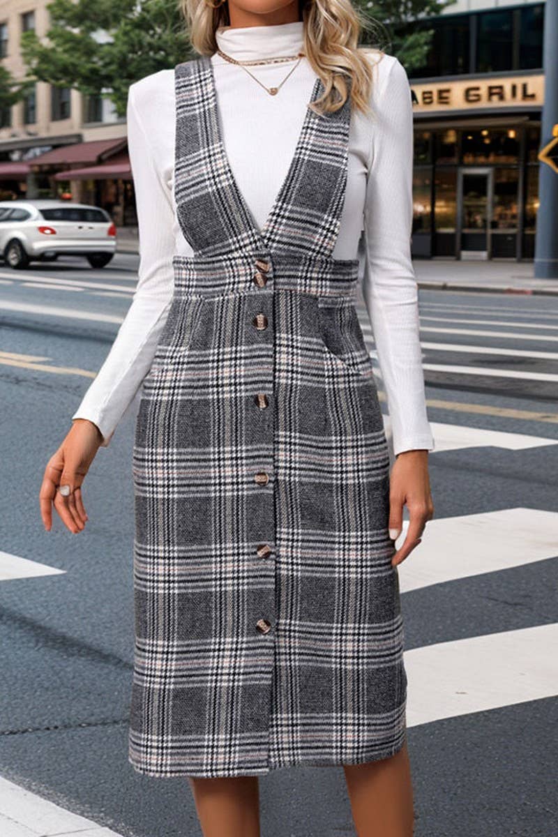 CWDSD5928_SOLID COLOR CASUAL PLAID SUSPENDER DRESS
