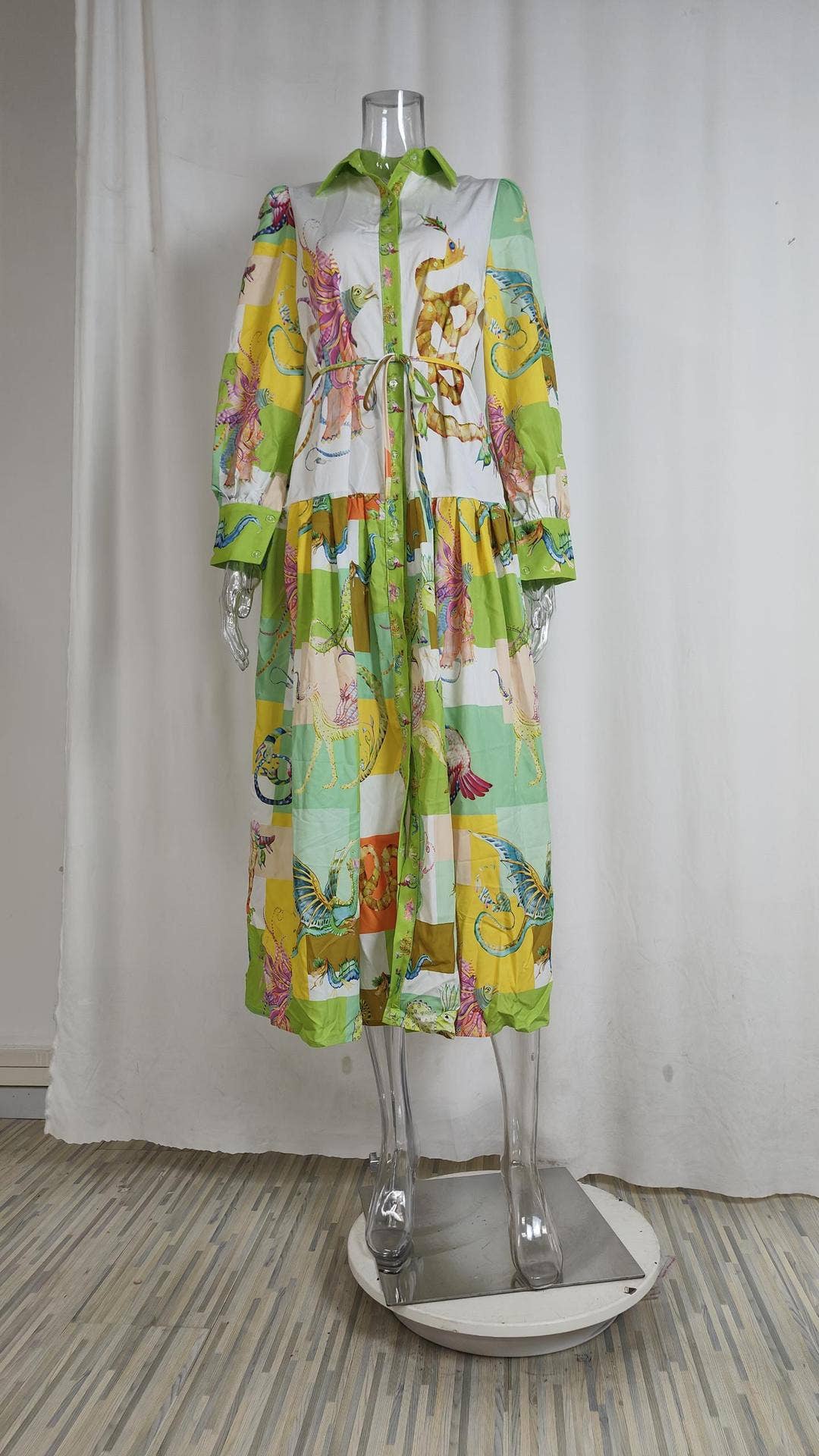 LANTERN SLEEVE PRINTED LAPEL LONG-SLEEVED DRESS