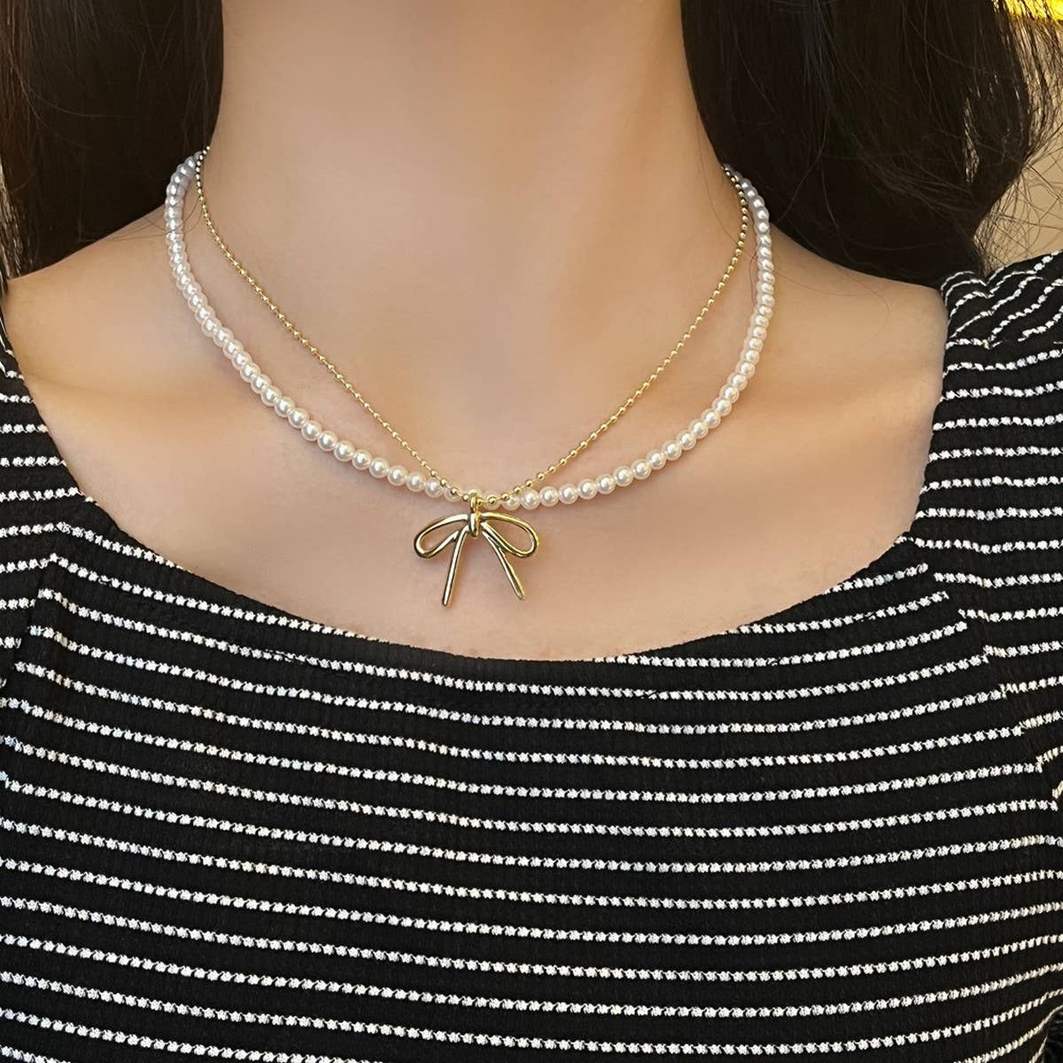 FASHIONABLE TASSEL BOW PEARL DOUBLE LAYER NECKLACE