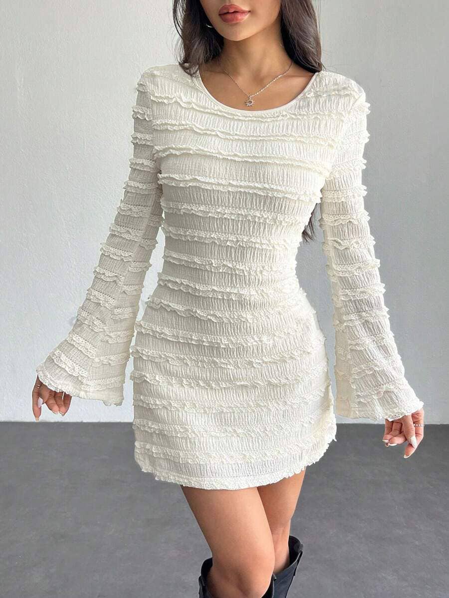 ROUND-NECK JACQUARD BACKLESS FLARED SLEEVES DRESS