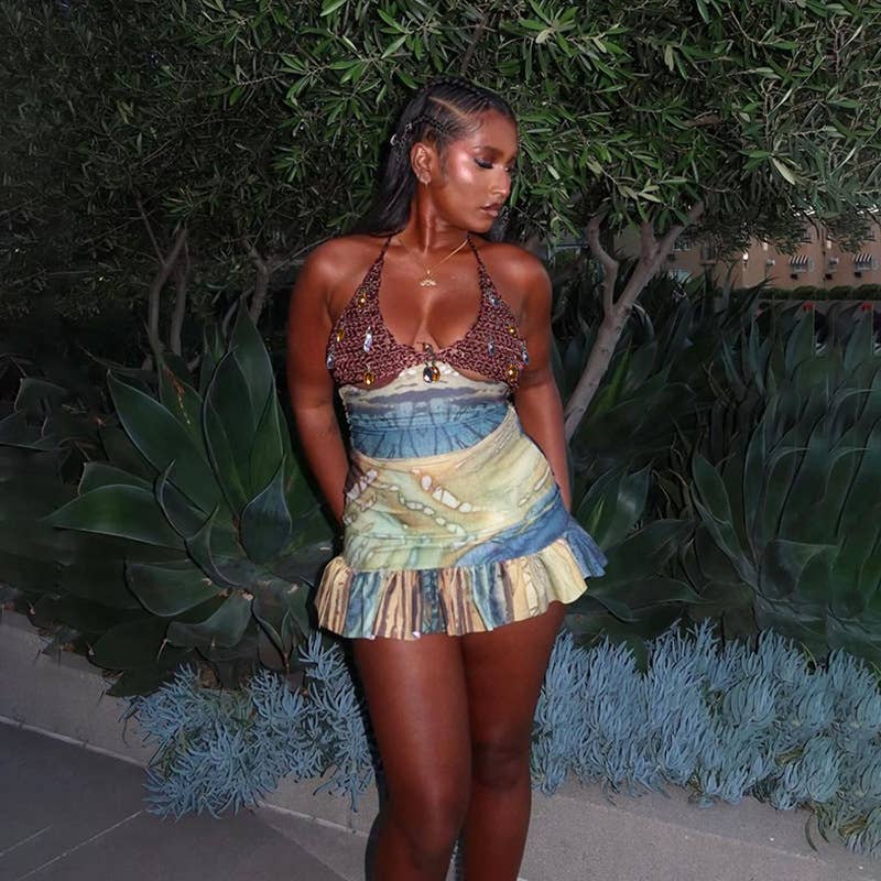 Backless Halter Neck Printed Mini Skirt