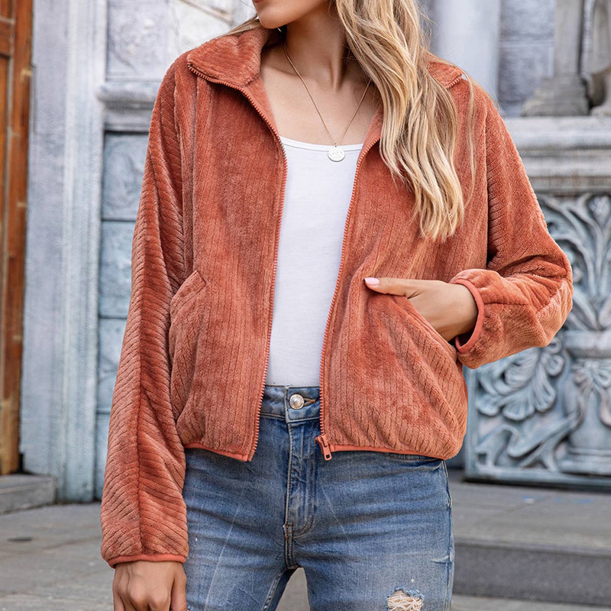 VELVETEEN ZIPPER TOP WOMEN'S FASHION HOODIE COAT