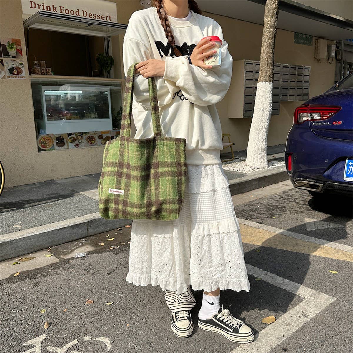 CWAB3897_LARGE CAPACITY VINTAGE PLAID TOTE SHOULDER BAG