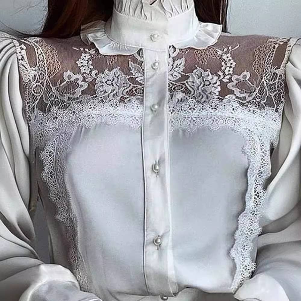 WHITE TURTLENECK LACE SHIRT WITH WOODEN EAR TRIM