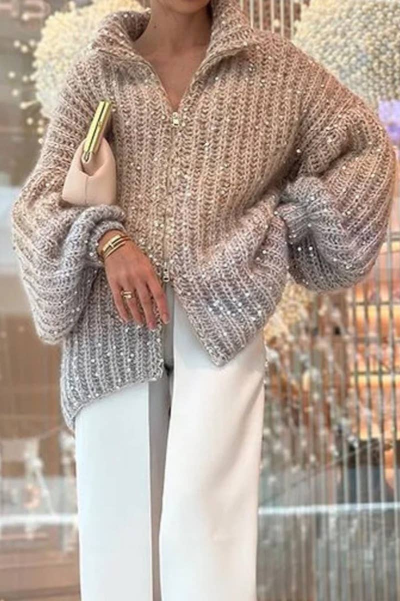 CWOCAL2181_STYLISH SEQUIN V-NECK LONG-SLEEVED SWEATER