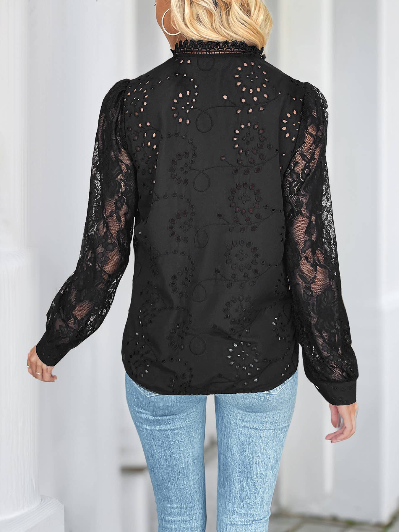 Solid-color,elegant and hollowed-out lace shirt
