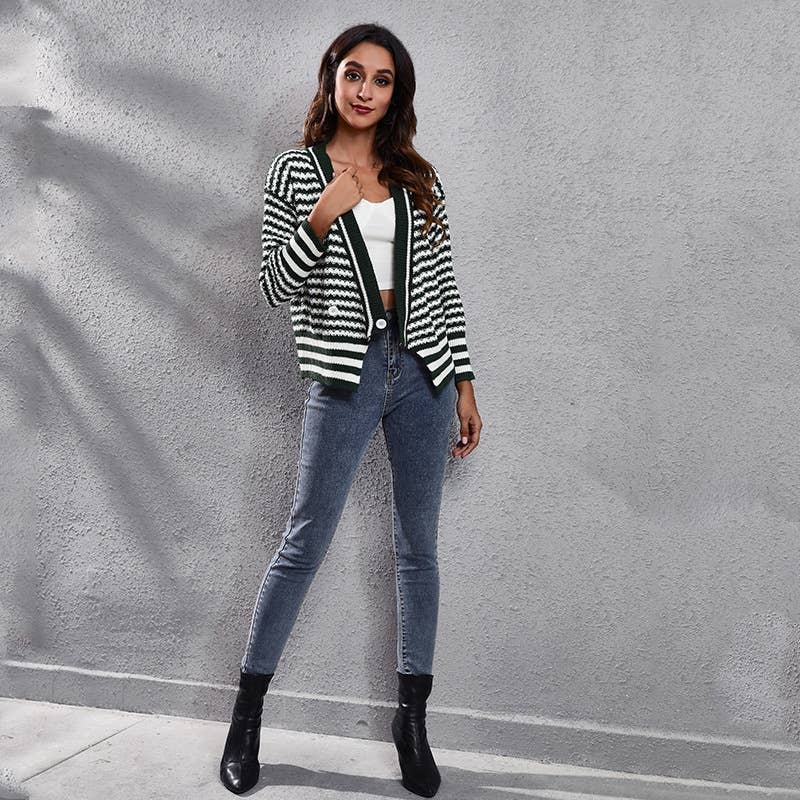 Striped V-neck long-sleeved cardigan sweater