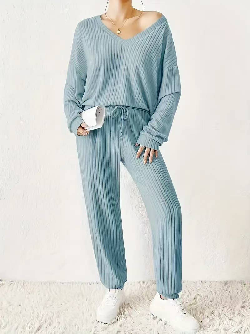 PIT-TRIMMED V-NECK LOOSE LACE-UP TOP PANTS SUIT