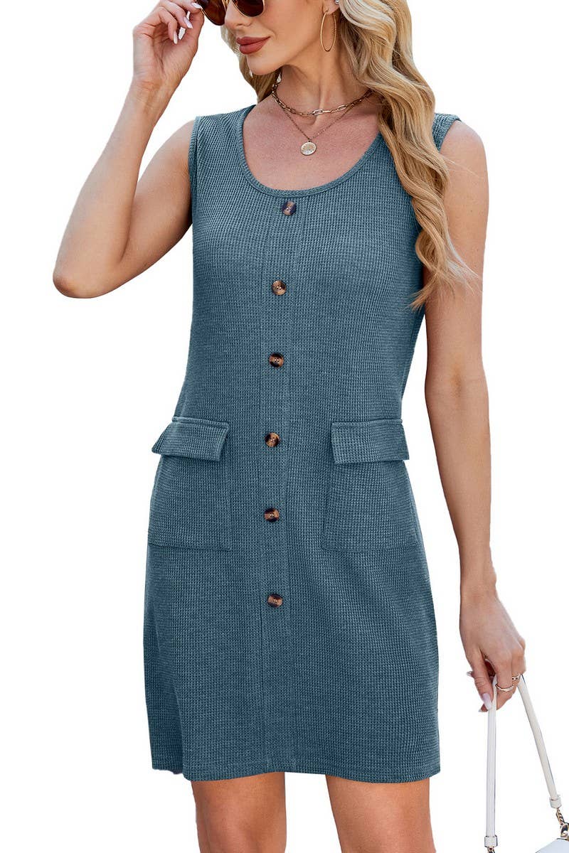 CWDSD8725_SOLID CREW NECK BUTTON POCKET SLEEVELESS DRESS