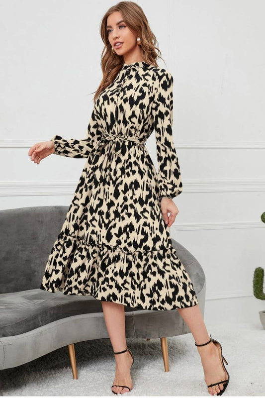CWDMD4103_LEOPARD PRINT LONG SLEEVE TIE DRESS