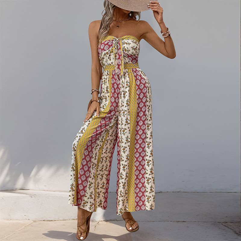 High waist boho tie waist wide leg pants