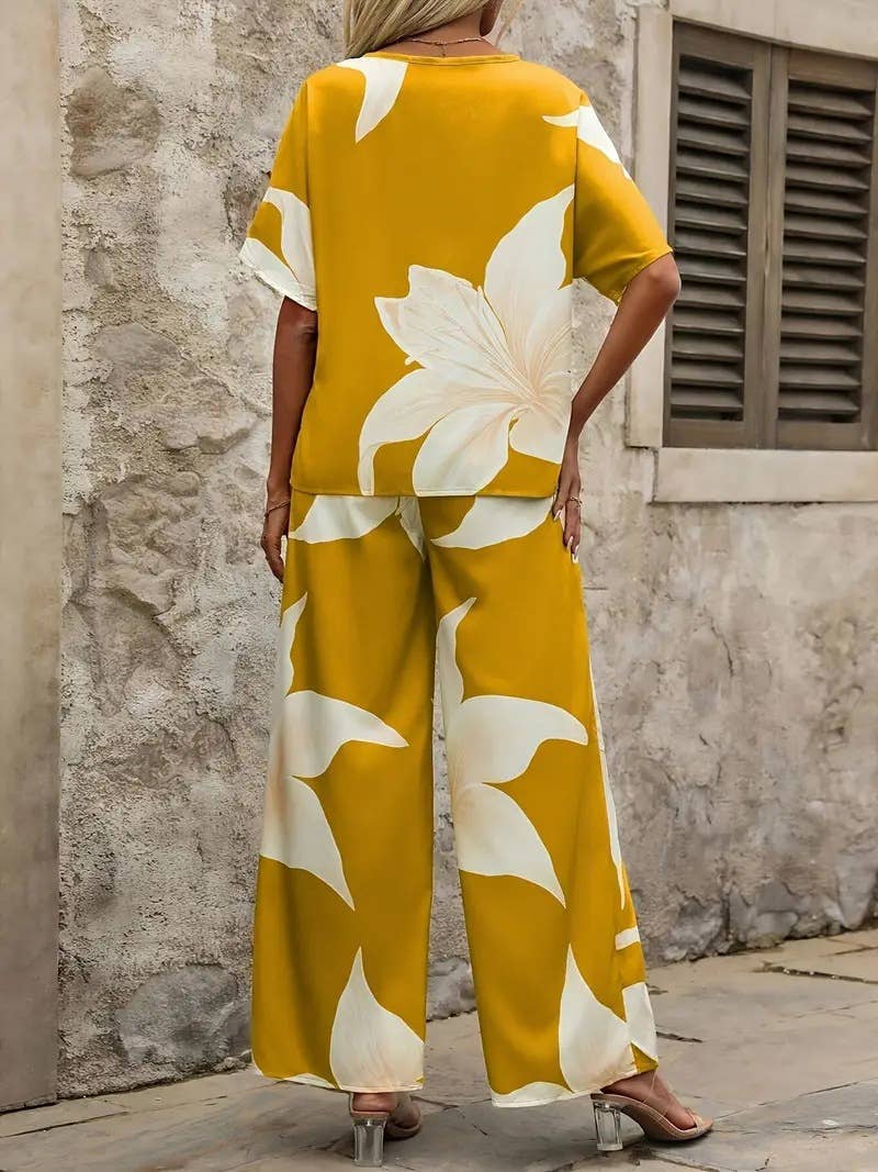 Printed fashion casual Top and long pants set