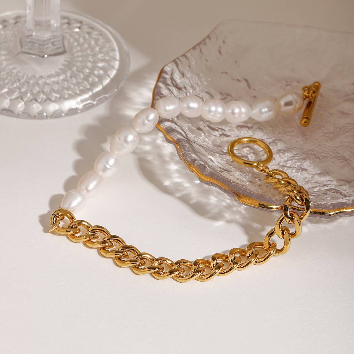 18K Gold Freshwater Pearl Cuban OT Clasp Anklet_CWAJE4853