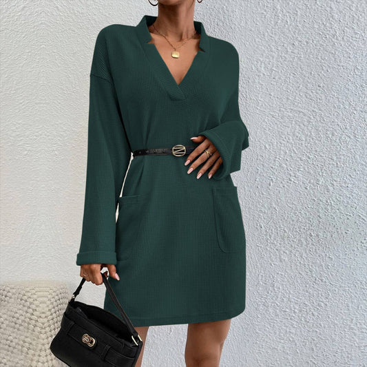 LOOSE CASUAL SEXY V-NECK POCKET LONG SLEEVE DRESS