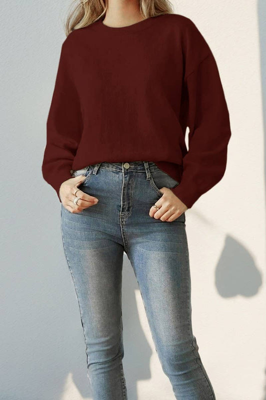 Cwoswl3740_Round Neck Longsleeve Solid Color Knitted Sweater