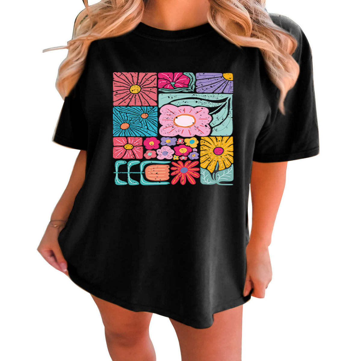 Women??¢s Loose Fit Tee with Colorful Flowers_CWTTS1466