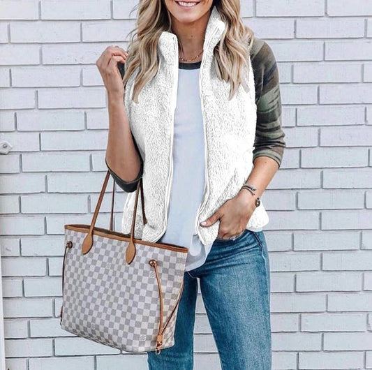 SOLID COLOR FLEECE VEST CARDIGAN ZIPPER COAT