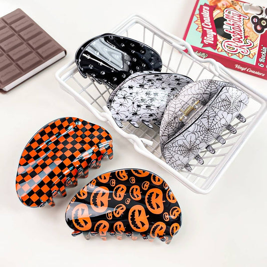 Half Circle Pumpkin Spider Web Skull Hair Clip_CWAHA1442