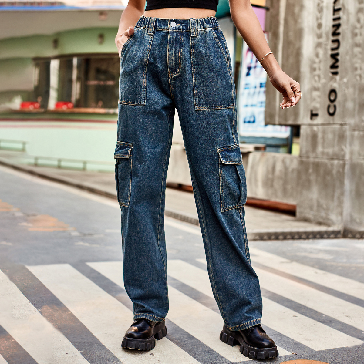 Casual Cargo Jeans ??Washed Half Elastic Waist_CWJP0626