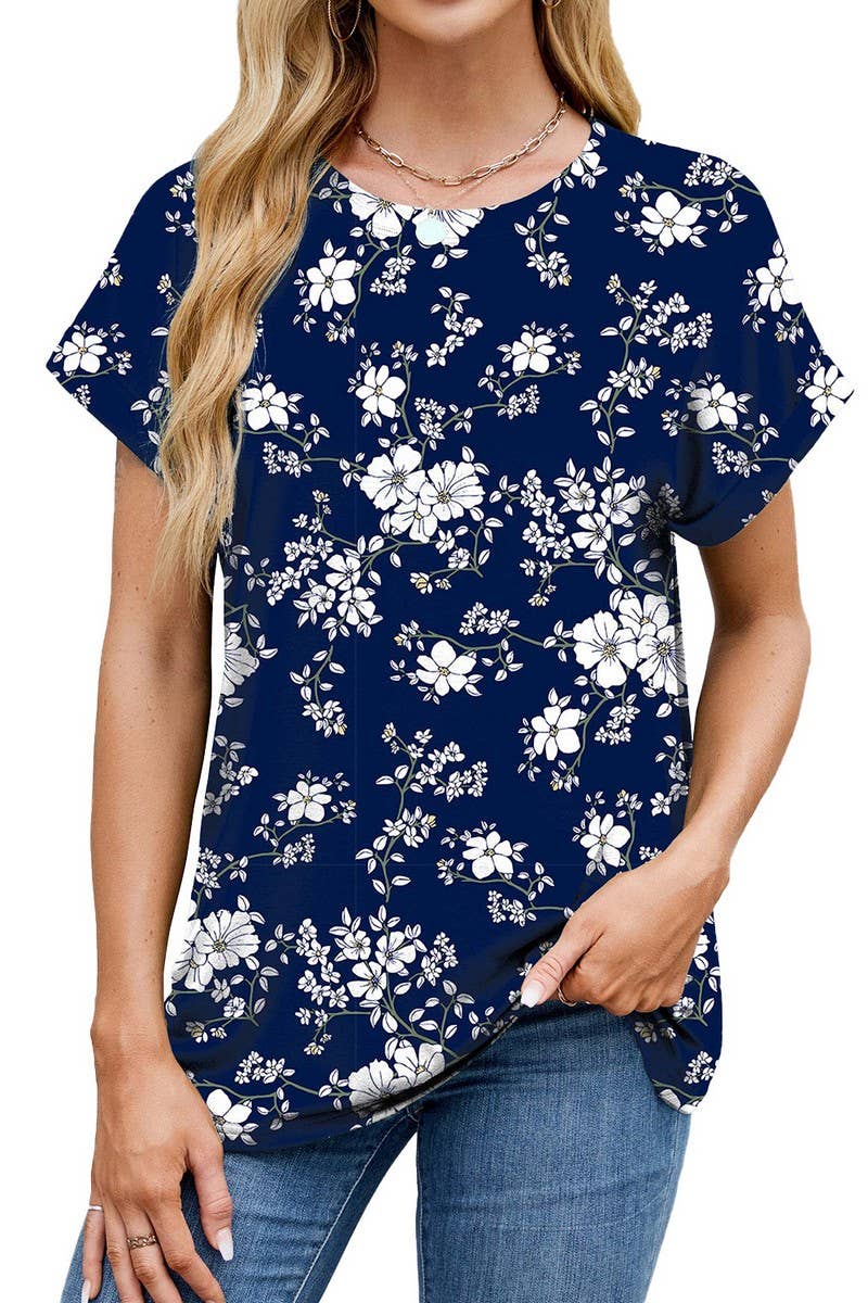 Cwtbls1742_Printed Crew Neck Loose Short Sleeve T-Shirt Top