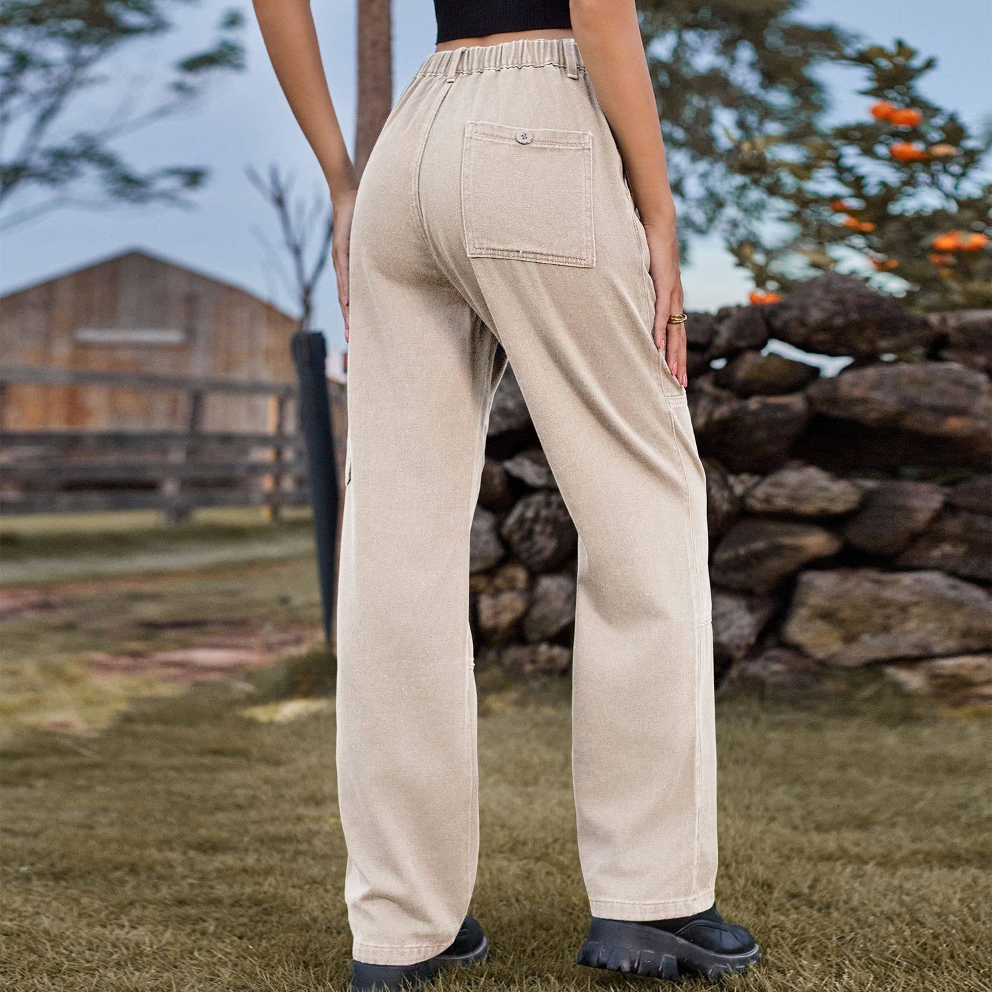 ELASTIC-WAISTED DENIM CARGO CASUAL PANTS