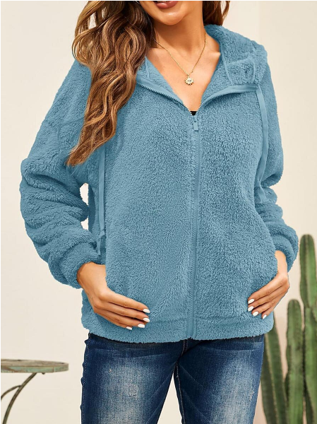 SOLID COLOR CASUAL PLUSH ZIPPER HOODED COAT