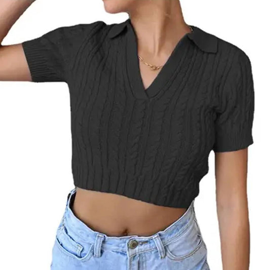 Stylish sexy short-sleeved sweater slim-fit top