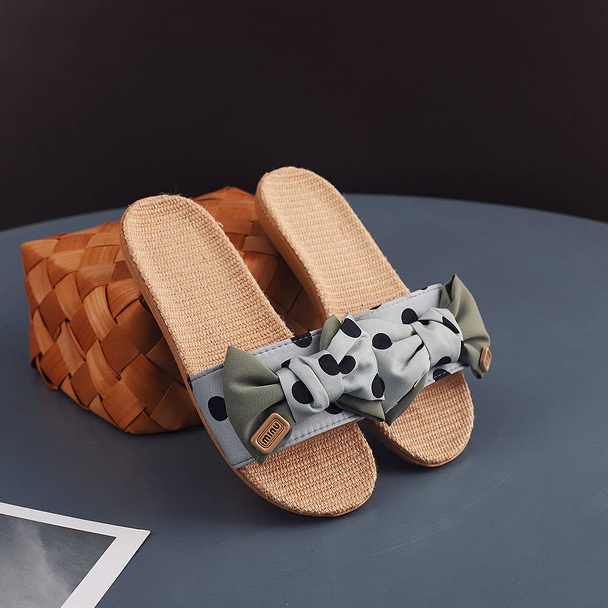 Polka Dot Linen Bow Slippers Soft Sole Non-Slip_CWSHF0185