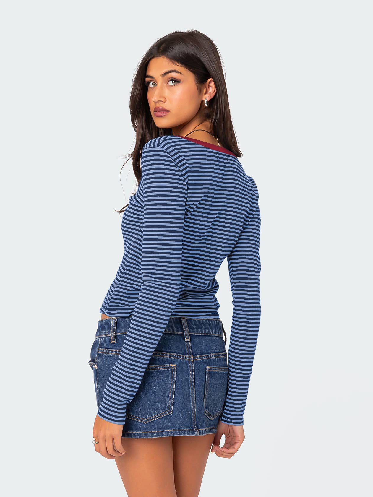 STRIPED COLOR CONTRAST KNIT BUTTON COTTON T-SHIRT