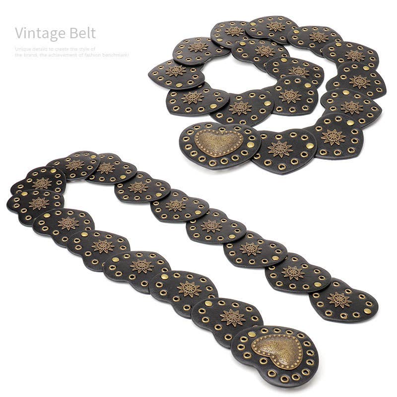 Ethnic-style heart-shaped spliced riveted belt