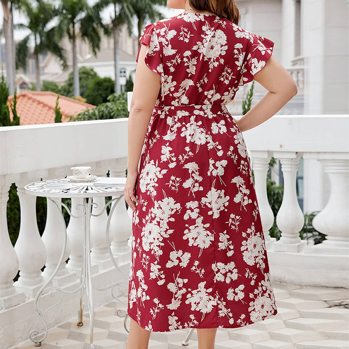 Plus Size V-Neck Red Dress ??Belted Summer Fit_CWDMD5966