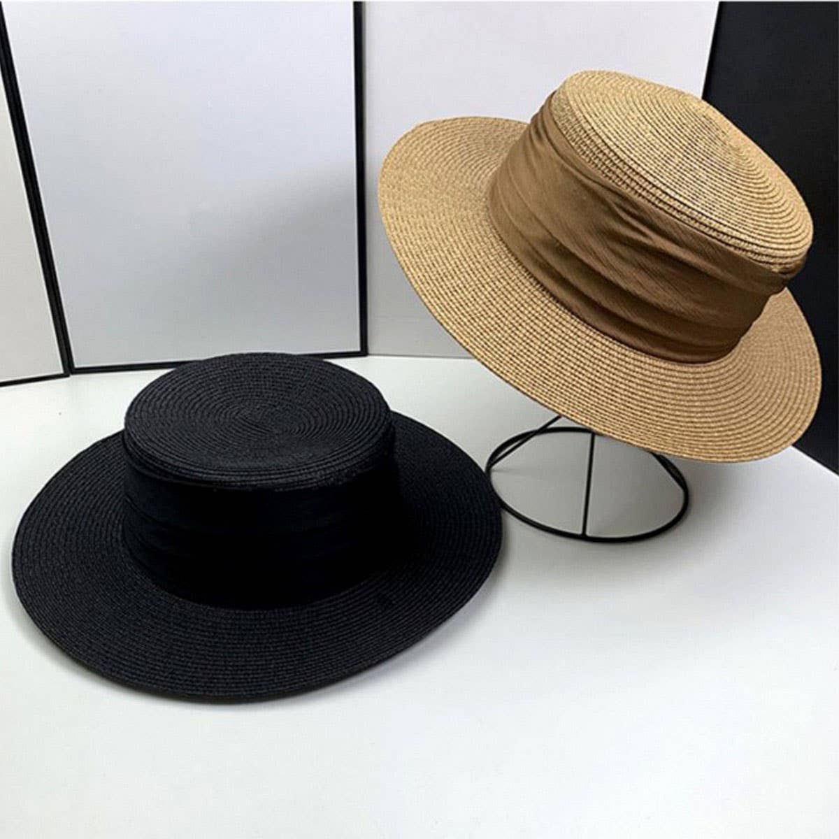 Summer Flat Top Premium Satin Straw Hat_CWAH3416