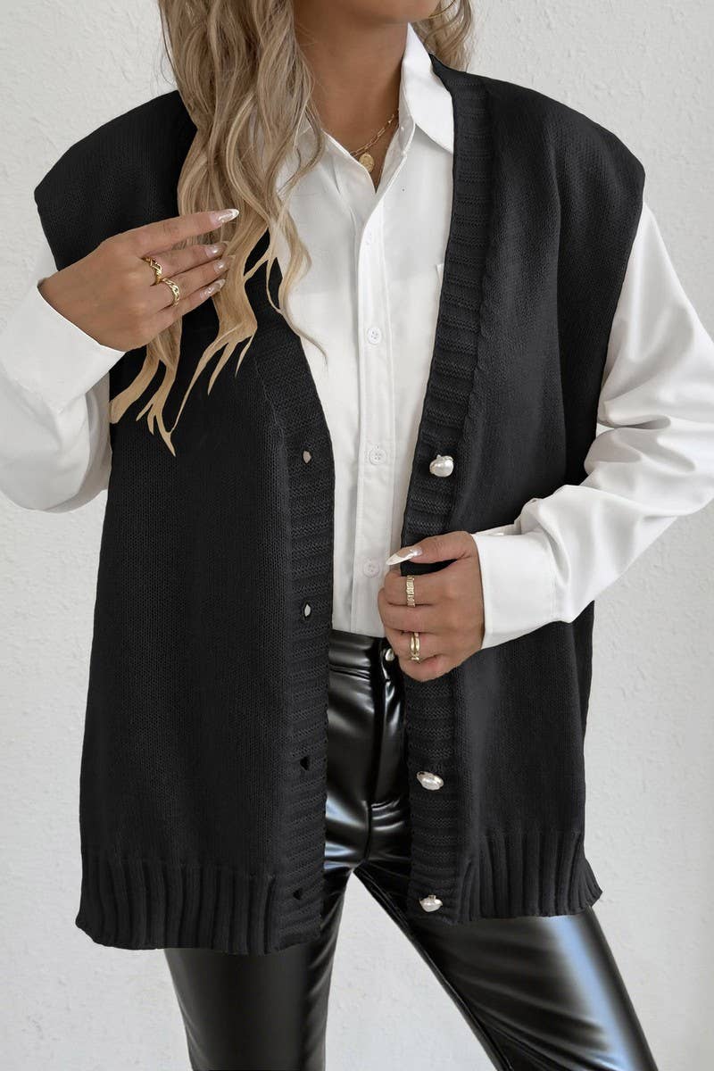 CWOJA00764_WOMEN PEARL BUTTON KNIT VEST CARDIGAN