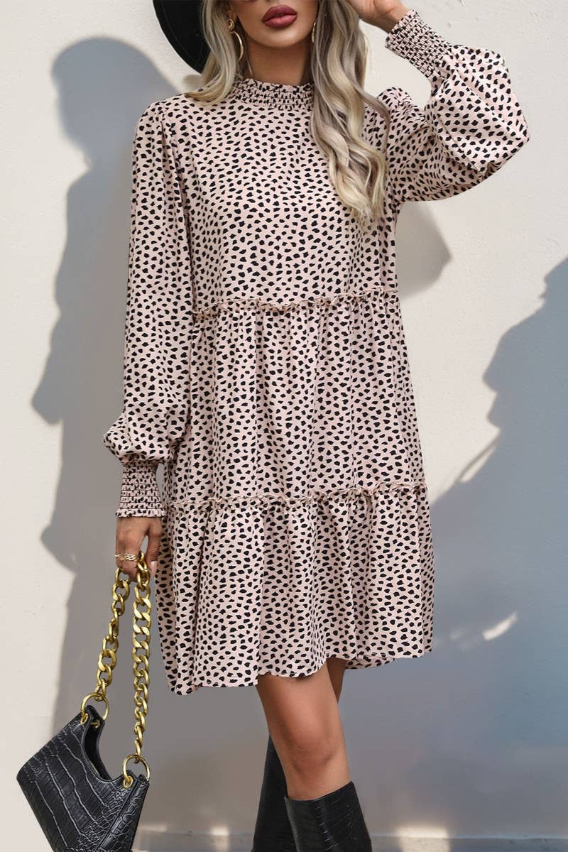 CWDSD6519_CHOKER LONG SLEEVE LEOPARD PRINT WAIST DRESS