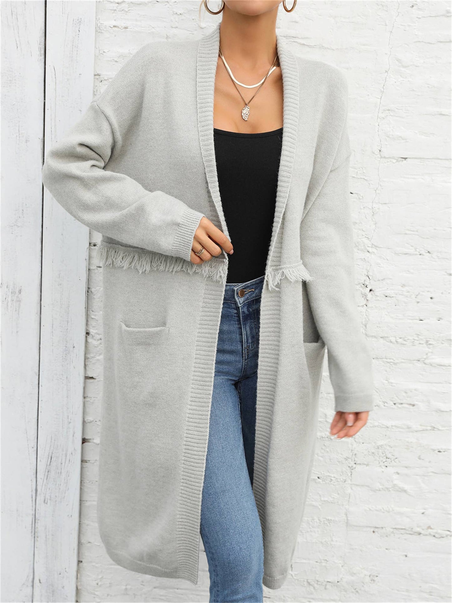 LONG CARDIGAN POCKET STYLE FRINGE COAT SWEATER
