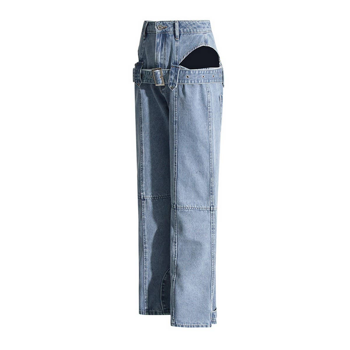HIGH WAISTED HOLLOW EXPOSED WAIST SOLID COLOR JEANS
